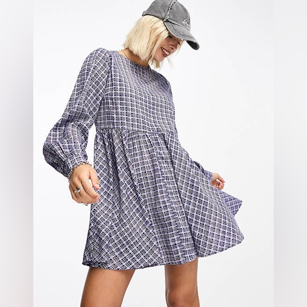 NWT ASOS Daisy Street Mini Smock Dress in Blue Check Size Medium